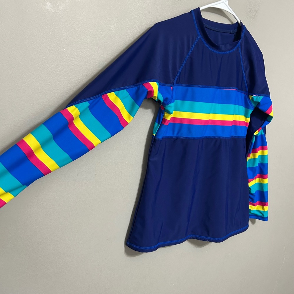 Girl Rash Guard Shirt Navy Blue Rainbow Stripe Long Sleeve Swim Top Built in Bra - Picture 2 of 9